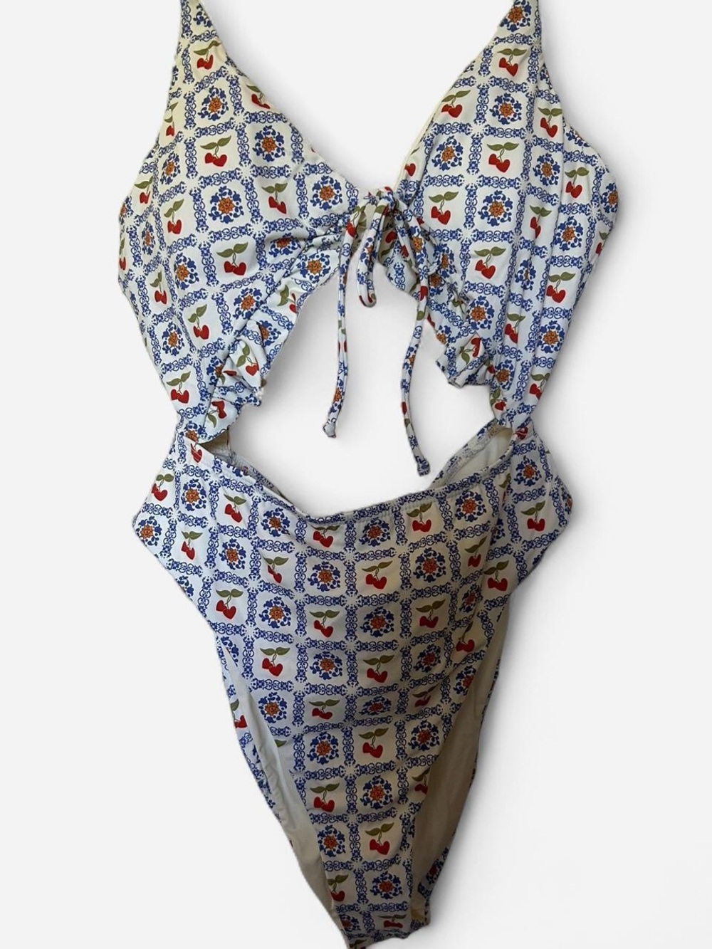 White and blue Floral & Cherry Cutout One-Piece Swimsuit - Picture 4 of 7